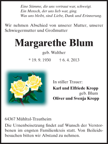 Traueranzeige von Margarethe Blum von Echo-Zeitungen (Gesamtausgabe)