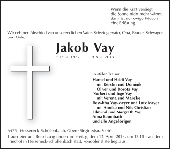Traueranzeige von Jakob Vay von Odenwälder Echo