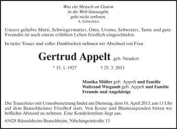 Traueranzeige von Gertrud Appelt von Rüsselsheimer Echo, Groß-Gerauer-Echo, Ried Echo