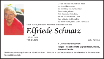 Traueranzeige von Elfriede Schnatz von Rüsselsheimer Echo, Groß-Gerauer-Echo, Ried Echo