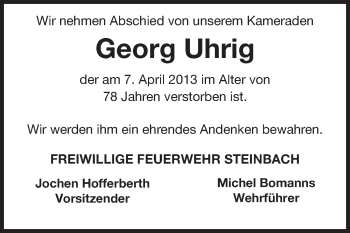 Traueranzeige von Georg Uhrig von Odenwälder Echo
