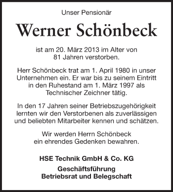 Traueranzeige von Werner Schönbeck von Echo-Zeitungen (Gesamtausgabe)