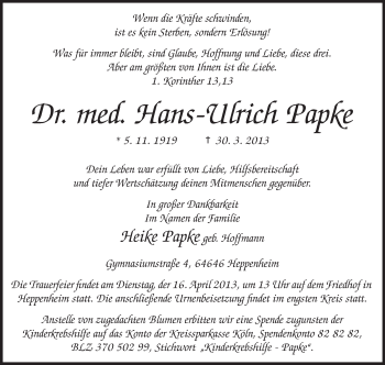 Traueranzeige von Hans-Ulrich Papke von Starkenburger Echo