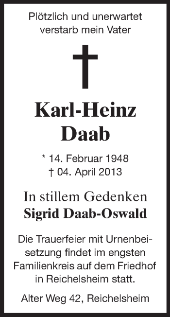 Traueranzeige von Karl-Heinz Daab von Odenwälder Echo