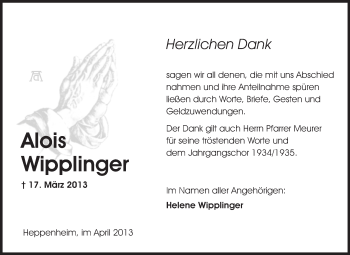 Traueranzeige von Alois Wipplinger von Starkenburger Echo