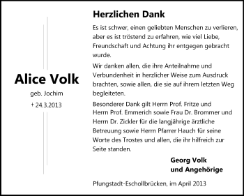 Traueranzeige von Alice Volk von Echo-Zeitungen (Gesamtausgabe)