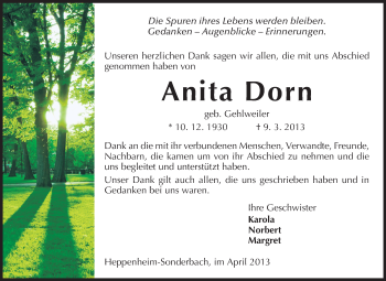 Traueranzeige von Anita Dorn von Starkenburger Echo