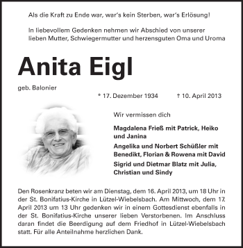 Traueranzeige von Anita Eigl von Odenwälder Echo