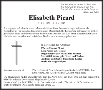 Traueranzeige von Elisabeth Picard von Echo-Zeitungen (Gesamtausgabe)