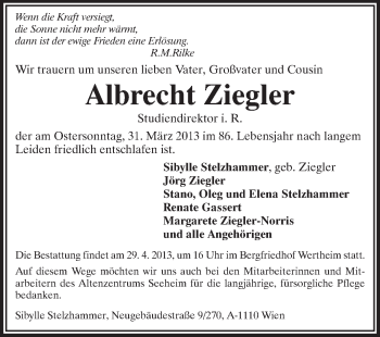 Traueranzeige von Albrecht Ziegler von Echo-Zeitungen (Gesamtausgabe)