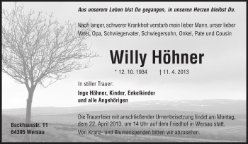 Traueranzeige von Willy Höhner von Echo-Zeitungen (Gesamtausgabe)