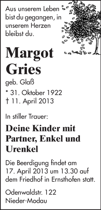Traueranzeige von Margot Gries von Echo-Zeitungen (Gesamtausgabe)