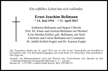 Traueranzeige von Ernst Joachim Bellmann von Echo-Zeitungen (Gesamtausgabe)
