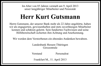 Traueranzeige von Kurz Gutsmann von Echo-Zeitungen (Gesamtausgabe)