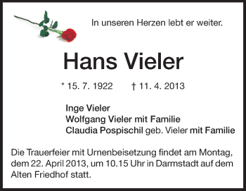 Traueranzeige von Hans Vieler von Echo-Zeitungen (Gesamtausgabe)