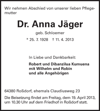 Traueranzeige von Anna Jäger von Echo-Zeitungen (Gesamtausgabe)