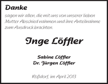 Traueranzeige von Inge Löffler von Echo-Zeitungen (Gesamtausgabe)