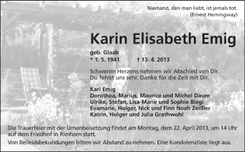Traueranzeige von Karin Elisabeth Emig von Odenwälder Echo