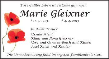 Traueranzeige von Marie Gleixner von Echo-Zeitungen (Gesamtausgabe)