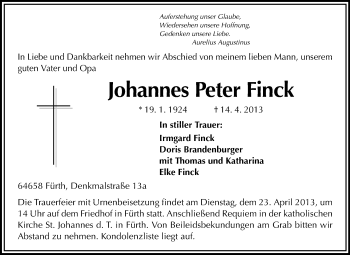 Traueranzeige von Johannes Peter Finck von Starkenburger Echo