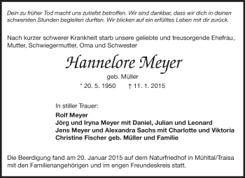 Traueranzeige von Hannelore Meyer von Echo-Zeitungen (Gesamtausgabe)