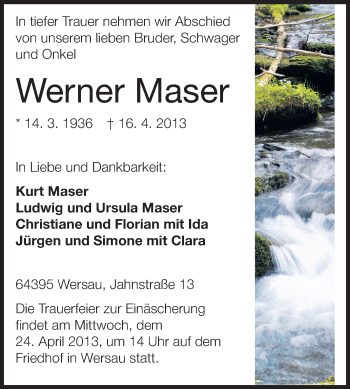 Traueranzeige von Werner Maser von Echo-Zeitungen (Gesamtausgabe)