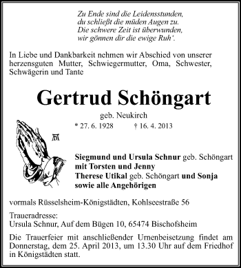 Traueranzeige von Gertrud Schöngart von Rüsselsheimer Echo, Groß-Gerauer-Echo, Ried Echo