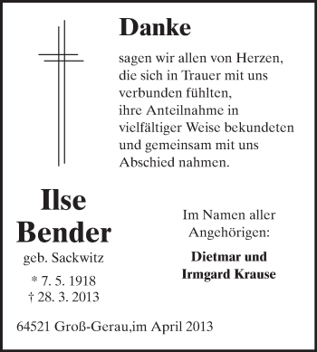 Traueranzeige von Ilse Bender von Rüsselsheimer Echo, Groß-Gerauer-Echo, Ried Echo