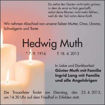 Traueranzeige von Hedwig Muth von Rüsselsheimer Echo, Groß-Gerauer-Echo, Ried Echo