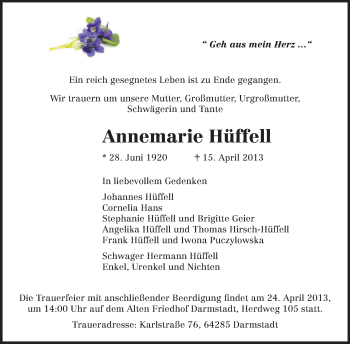 Traueranzeige von Anna Hüffel von Echo-Zeitungen (Gesamtausgabe)