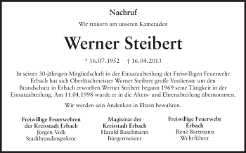 Traueranzeige von Werner Steibert von Odenwälder Echo