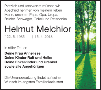 Traueranzeige von Helmut Melchior von Rüsselsheimer Echo, Groß-Gerauer-Echo, Ried Echo