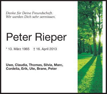 Traueranzeige von Peter Rieper von Echo-Zeitungen (Gesamtausgabe)