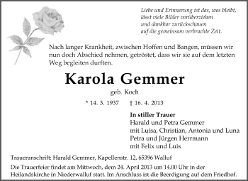Traueranzeige von Karola Gemmer von Echo-Zeitungen (Gesamtausgabe)