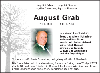 Traueranzeige von August Grab von Odenwälder Echo