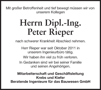 Traueranzeige von Peter Rieper von Echo-Zeitungen (Gesamtausgabe)