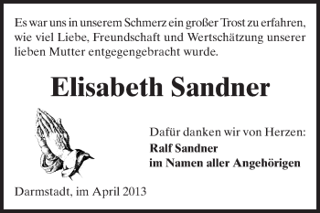 Traueranzeige von Elisabeth Sandner von Echo-Zeitungen (Gesamtausgabe)