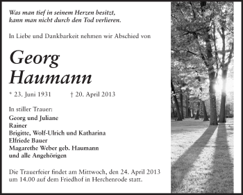 Traueranzeige von Georg Haumann von Echo-Zeitungen (Gesamtausgabe)