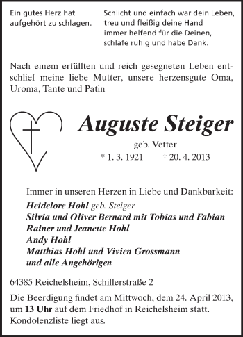 Traueranzeige von Auguste Steiger von Odenwälder Echo