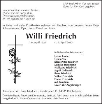 Traueranzeige von Willi Friedrich von Echo-Zeitungen (Gesamtausgabe)