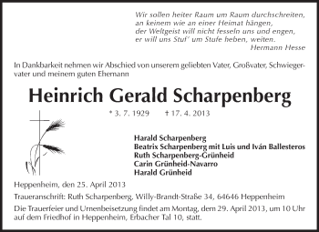 Traueranzeige von Heinrich Gerald Scharpenberg von Starkenburger Echo
