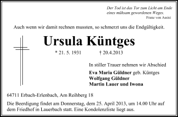 Traueranzeige von Ursula Küntges von Odenwälder Echo