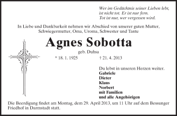 Traueranzeige von Agnes Sobotta von Echo-Zeitungen (Gesamtausgabe)