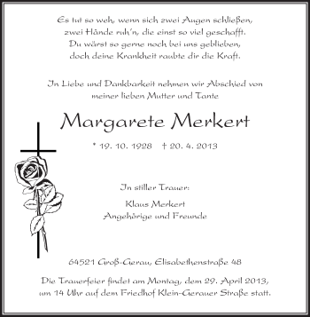 Traueranzeige von Margarete Merkert von Rüsselsheimer Echo, Groß-Gerauer-Echo, Ried Echo
