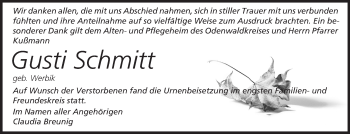 Traueranzeige von Gusti Schmitt von Odenwälder Echo