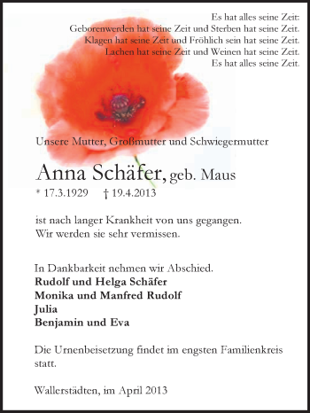 Traueranzeige von Anna Schäfer von Rüsselsheimer Echo, Groß-Gerauer-Echo, Ried Echo