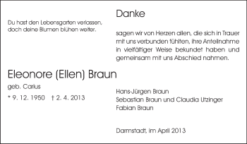 Traueranzeige von Eleonore Braun von Echo-Zeitungen (Gesamtausgabe)