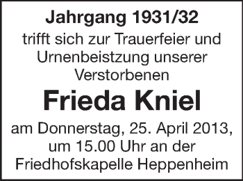 Traueranzeige von Frieda Kniel von Darmstädter Echo
