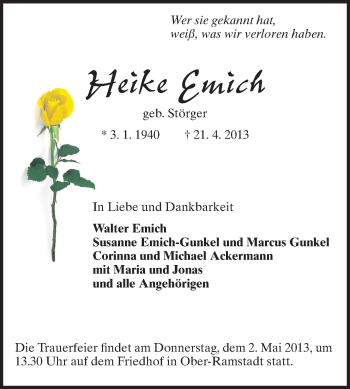 Traueranzeige von Heike Emich von Echo-Zeitungen (Gesamtausgabe)