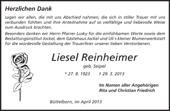 Traueranzeige von Liesel Reinheimer von Rüsselsheimer Echo, Groß-Gerauer-Echo, Ried Echo